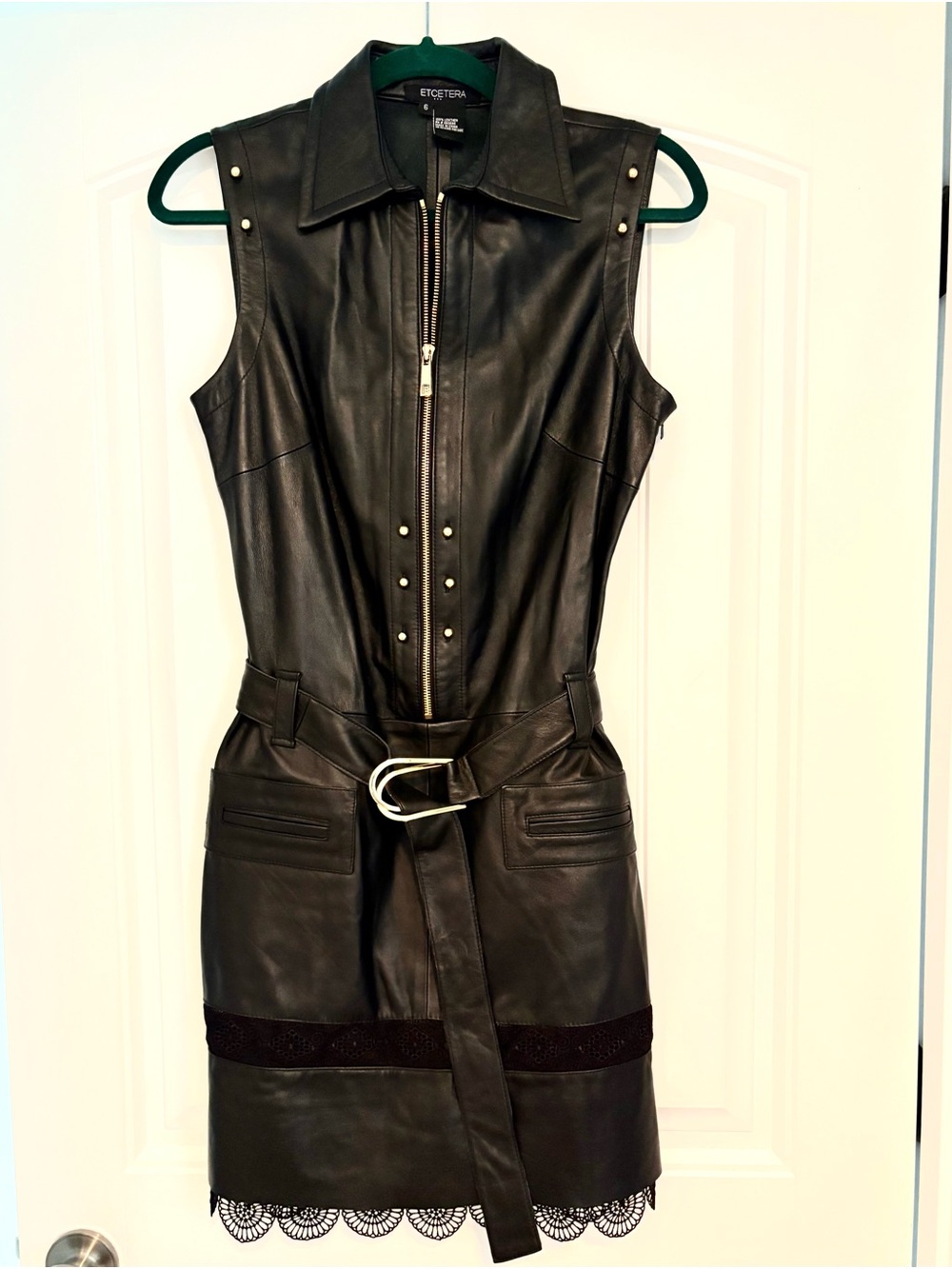 Etcetera Sleeveless Black Leather Zip Dress with Belt size 6